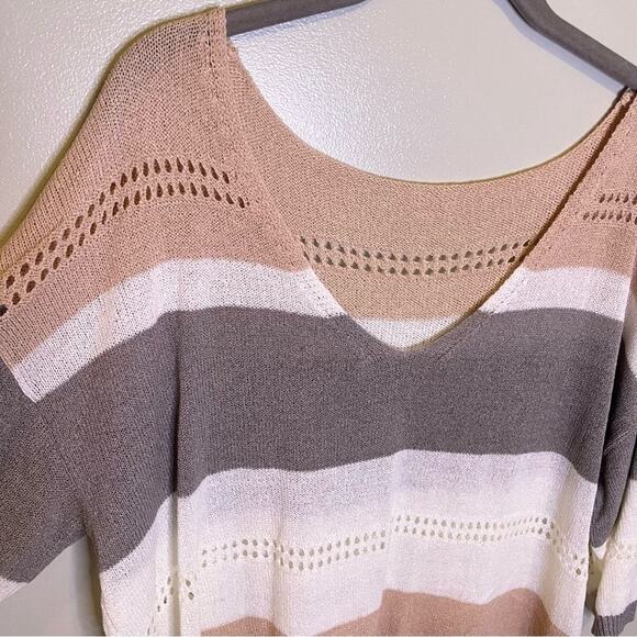 NWOT Amazon V Neck Colorblock Pink, White, Grey Striped Eyelet 3/4 Sleeve XL - Picture 4 of 6